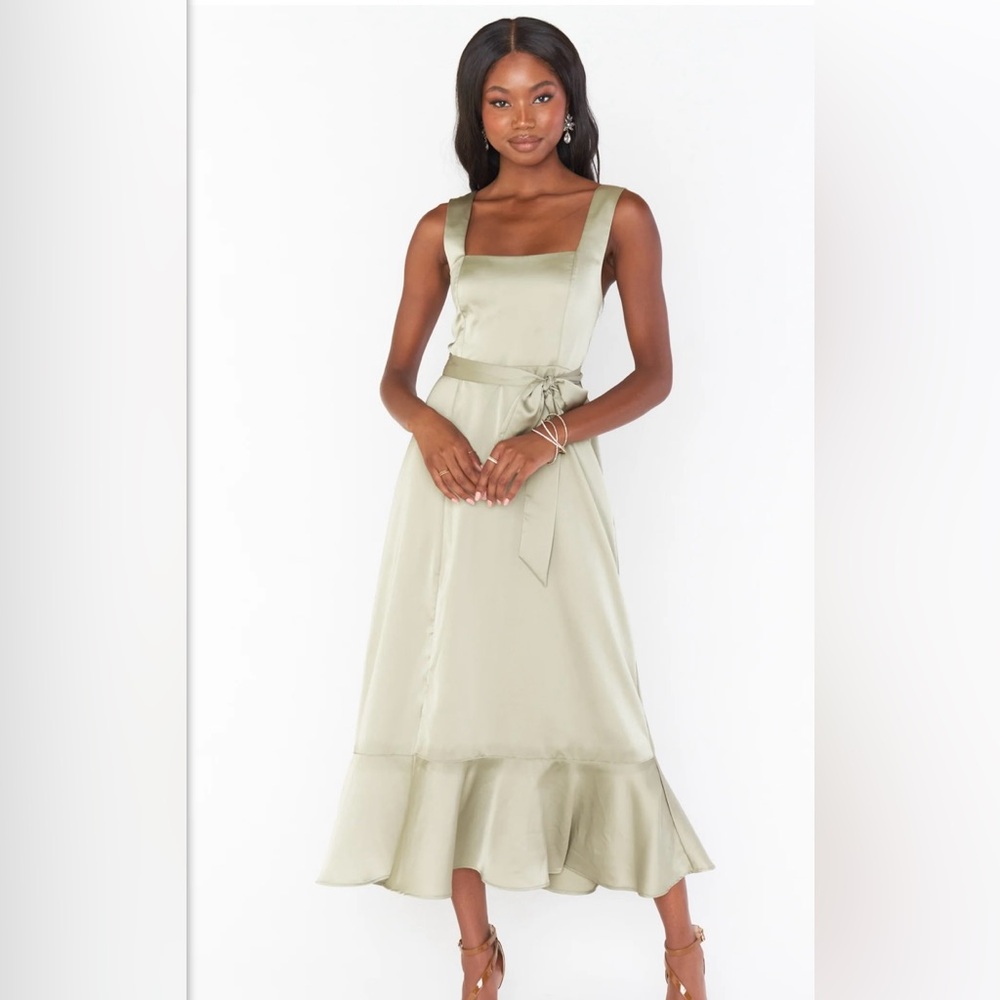 Show Me Your Mumu - Claire Midi Dress, Moss Green Luxe Satin, S, NWT